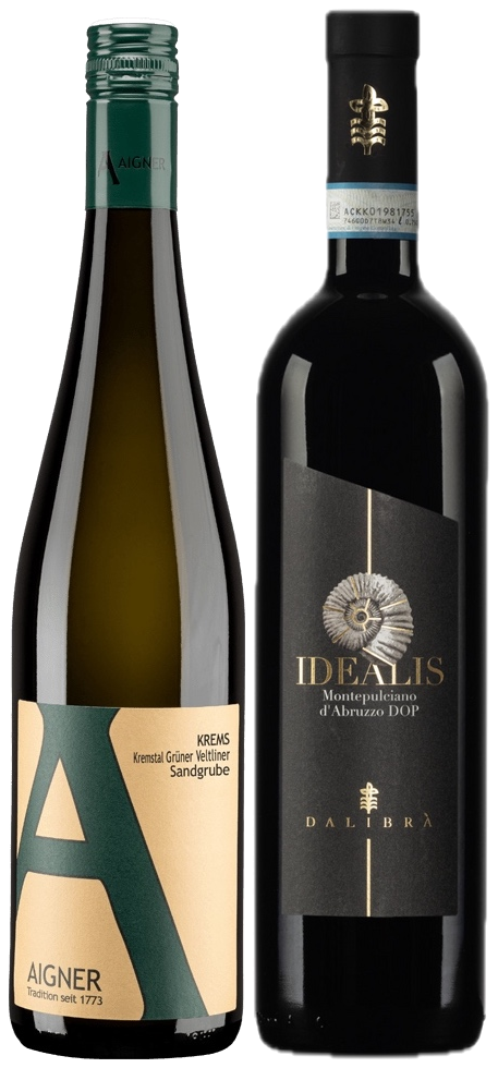 Oostenrijk & Italië – Aigner Grüner Veltliner en Dalibrà Montepulciano in Houten Wijnkist