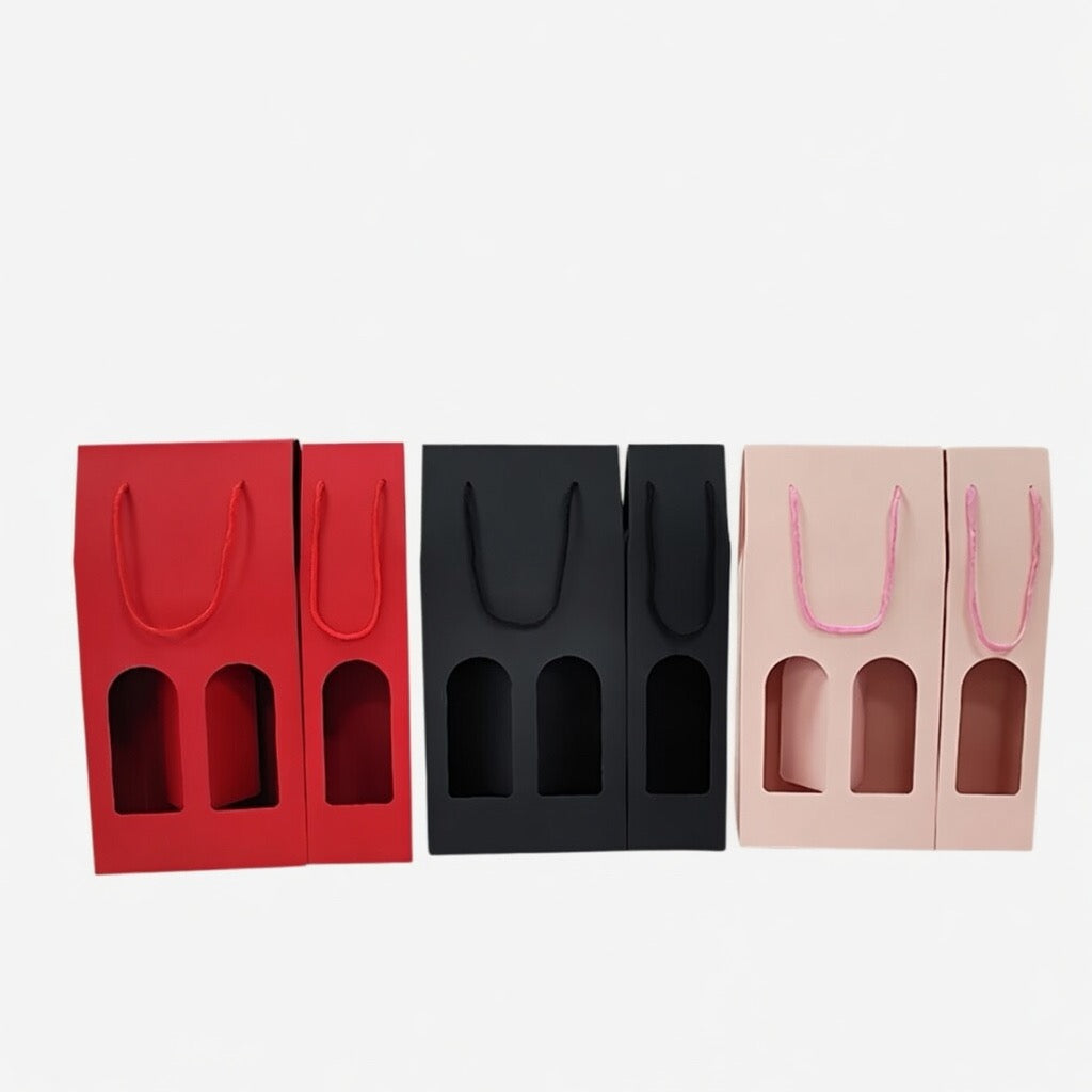 Gift box with handle black/red/pink for 2 bottles of wine.